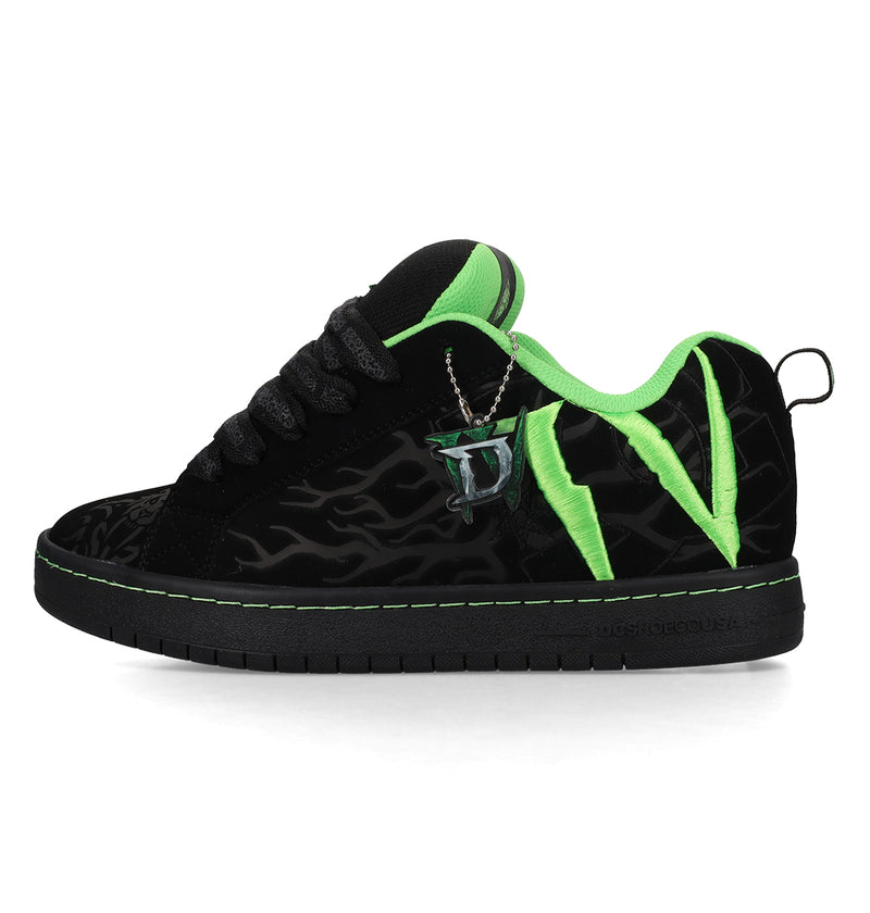 The Men’s Court Graffik x Diablo by DC Shoes is a black sneaker with neon green accents, flame designs, a bold V on the side, and a metallic D charm on the laces.