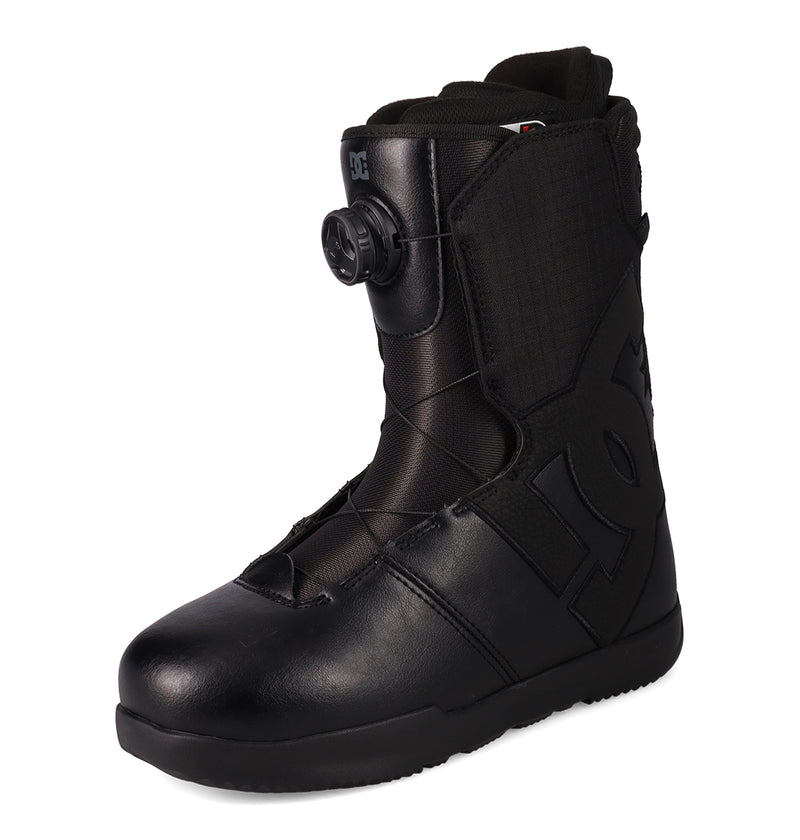 A single DC Shoes Men's Court Graffik BOA® Snowboard Boot in black, featuring a skate-inspired design with a textured sole, a high ankle silhouette, and a circular BOA Fit System tightening dial on the front. The boot is accented by a large embossed DC Shoes logo on the side.