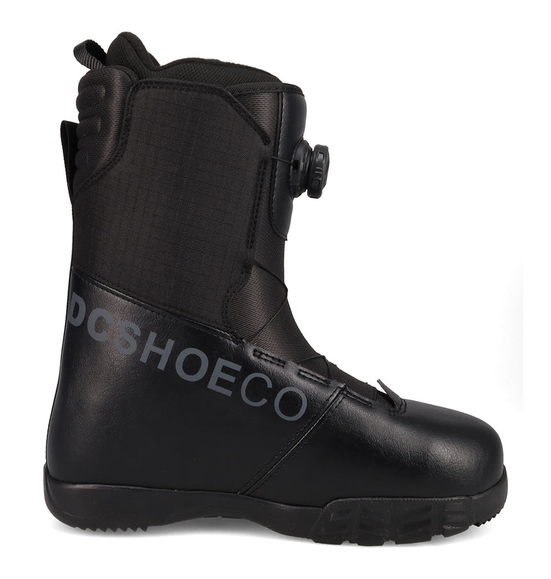 The DC Shoes Men's Court Graffik BOA® Snowboard Boots are black, skate-inspired boots featuring a BOA Fit System dial closure, rugged sole, and DCSHOECO branding on the side, shown here in a side profile view—reminiscent of the iconic Court Graffik BOA.