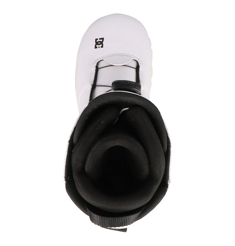 Top view of a single Men's Court Graffik BOA® Snowboard Boot by DC Shoes, featuring white outer material, black inner padding, black laces, and a pull tab at the heel. This boot showcases a skate-inspired design reminiscent of the iconic Court Graffik and is equipped with the advanced BOA® Fit System for effortless adjustability.