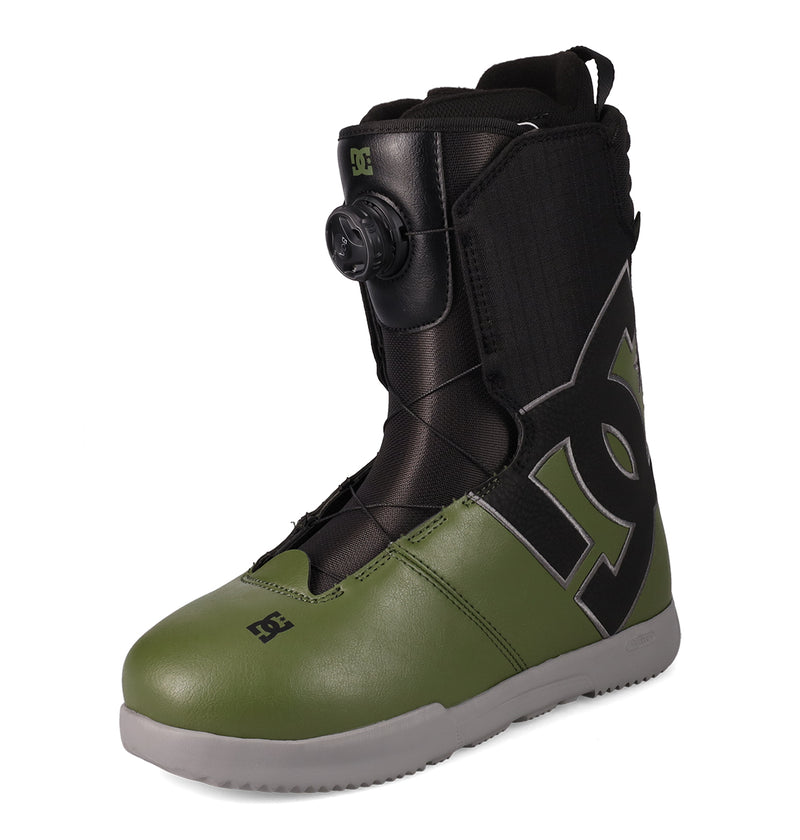 Introducing the Men's Court Graffik BOA® Snowboard Boots by DC Shoes—a skate-inspired boot in green and black, featuring a convenient BOA® Fit System twist dial for effortless lacing. Striking black accents, a gray sole, and a bold, oversized DC logo on the side capture the signature style of this standout snowboard boot.