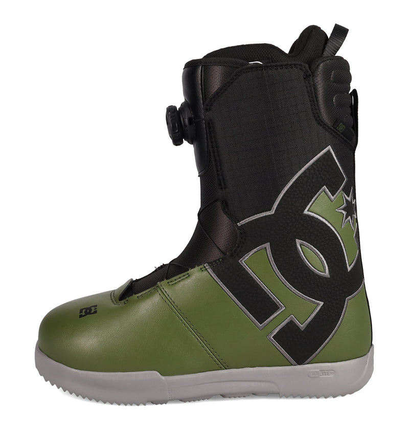 The Men's Court Graffik BOA® Snowboard Boots by DC Shoes are green and black, skate-inspired boots showcasing a large DC logo on the side, a BOA® Fit System dial for precise tightening, and a white sole.