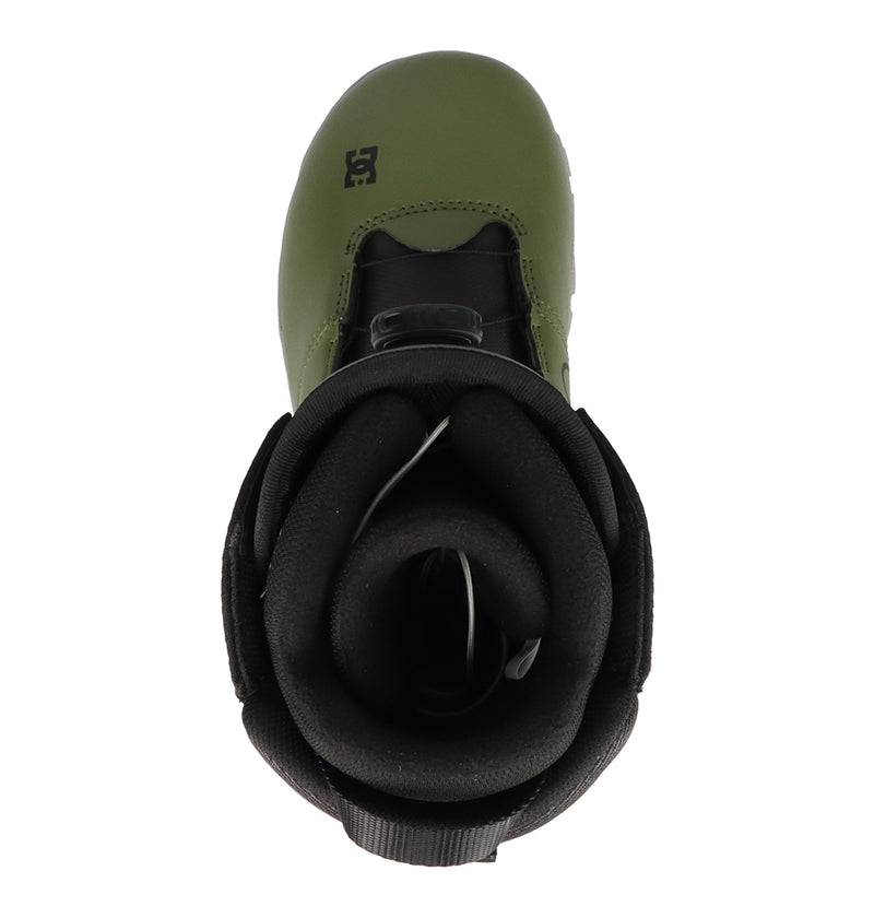 Top view of the DC Shoes Men's Court Graffik BOA® Snowboard Boots in green and black, featuring a padded black interior and a visible BOA® Fit System closure on the front.