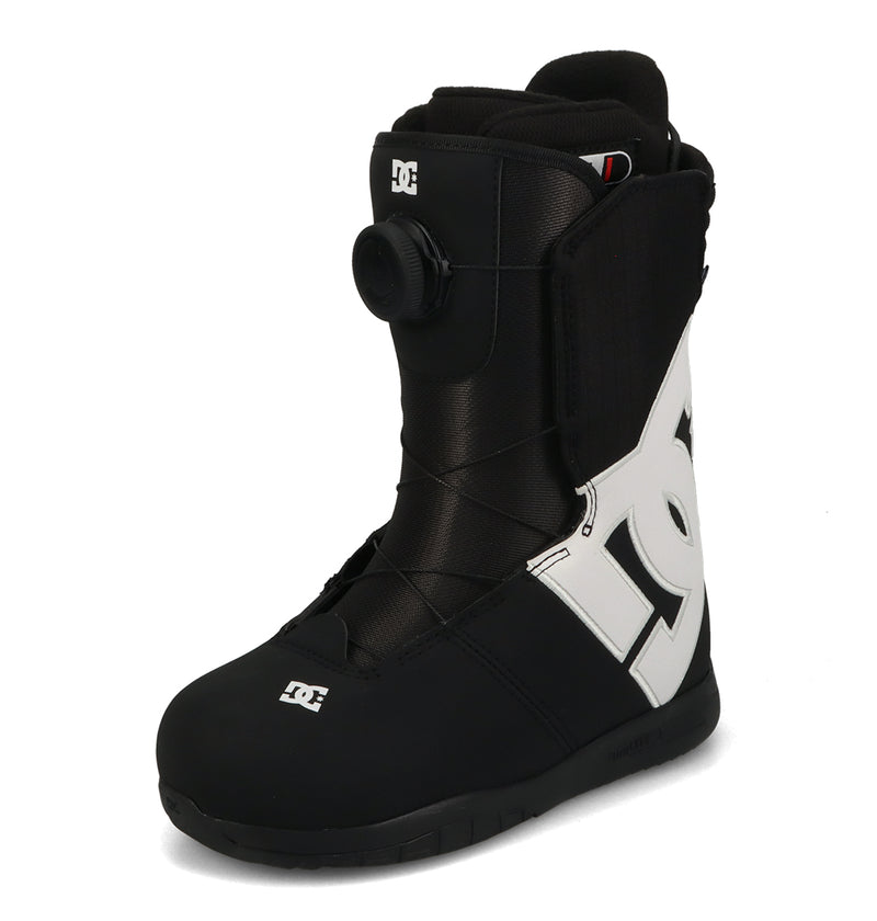 A single Women's Court Graffik BOA® Snowboard Boot by DC Shoes in black with white accents, featuring a prominent white DC logo on the side and a BOA Fit System dial lacing system on the front. This skate-inspired boot takes design cues from the iconic Court Graffik BOA® for both style and performance.