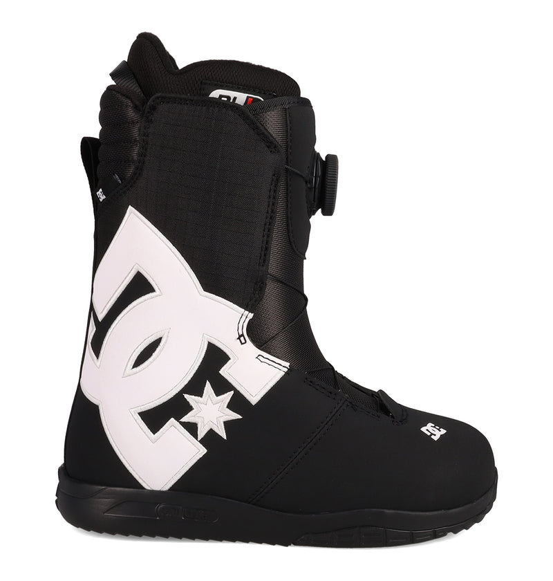 Black DC Shoes Women’s Court Graffik BOA® Snowboard Boots featuring a large white logo on the side and a BOA Fit System dial closure.