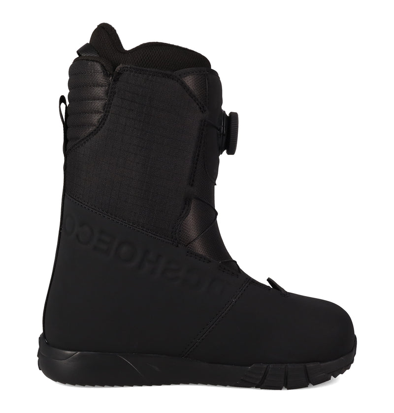 The DC Shoes Women's Court Graffik BOA® Snowboard Boots are black, skate-inspired boots featuring a textured side, reinforced heel, and the innovative BOA Fit System dial closure, shown from the side on a white background.