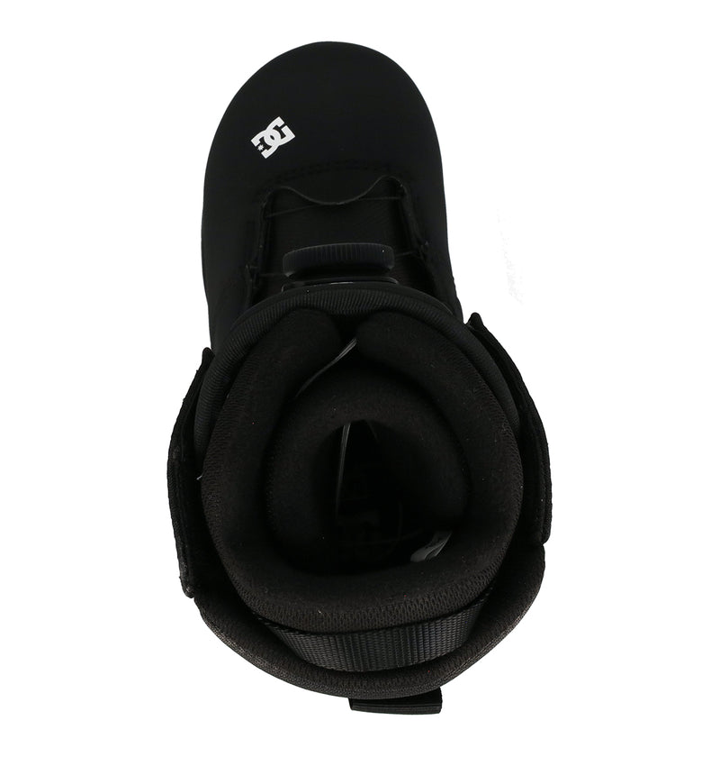 A top view of the Women's Court Graffik BOA® Snowboard Boots by DC Shoes, a black skate-inspired boot featuring the BOA Fit System, with a white DC logo near the toe and padded ankle support.