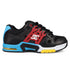 The Men's AT-2 Shoes by DC Shoes feature a black design with red side accents, blue heel and sole details, yellow tread on the front sole, a white speckled midsole, a white DC logo, and AEROTECH ventilation for breathable comfort.