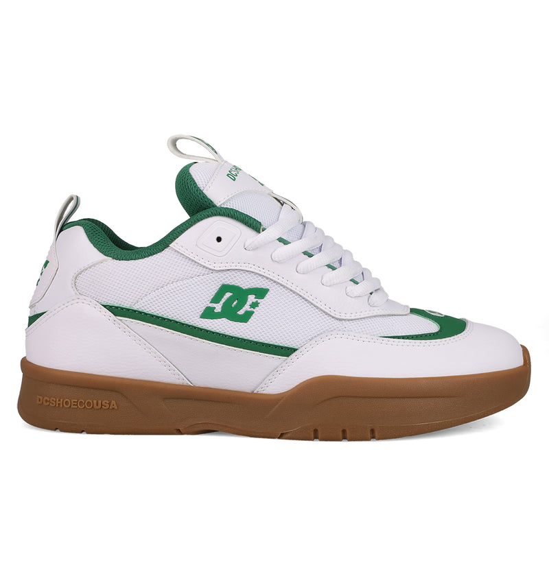 The DC Shoes Men's JS-2 Shanahan Pro Skate Shoes feature a white and green mesh and leather upper, gum rubber sole, lace-up closure, DC branding, green accents, pull tabs on tongue and heel, and John Shanahan-inspired details.
