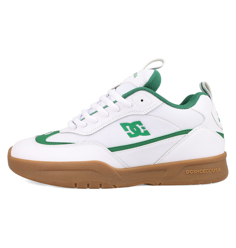 Men's JS-2 Shanahan Pro Skate Shoes by DC Shoes feature a white and green design with a gum sole, mesh and leather panels, green accents, and the DC logo on the side, photographed against a plain white background.