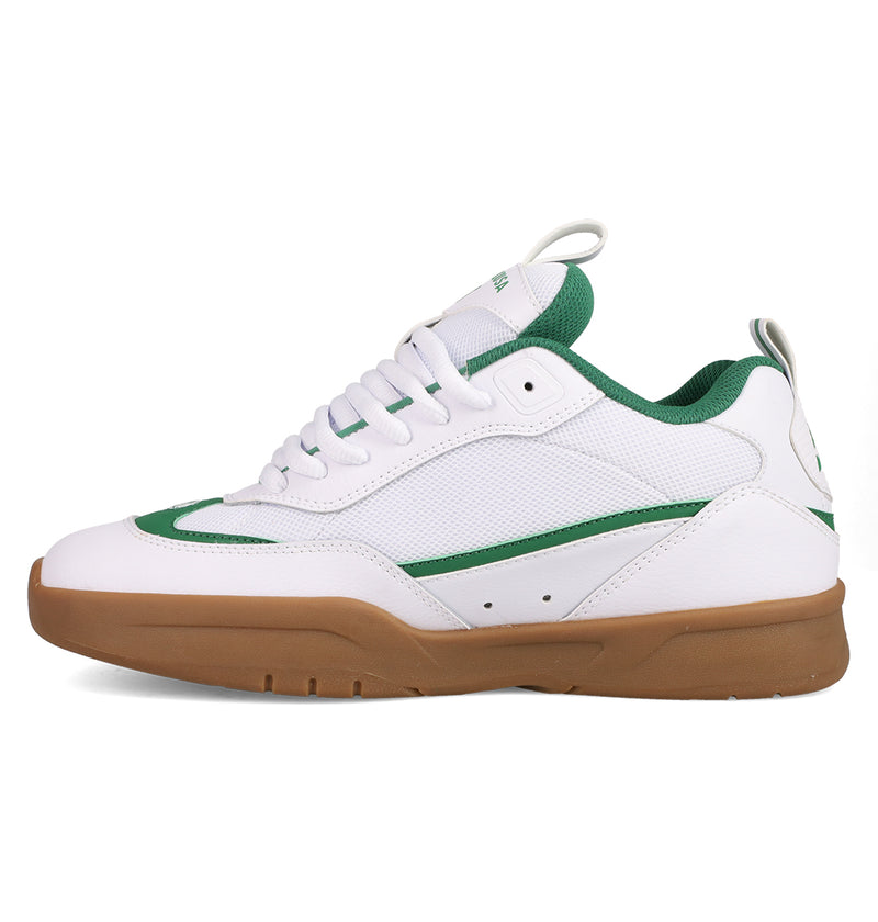 The Men's JS-2 Shanahan Pro Skate Shoes by DC Shoes showcase a white and green mesh and leather upper, green accents, white laces, and a brown rubber sole—classic DC heritage inspired by John Shanahan’s collection, shown side-on against a white background.