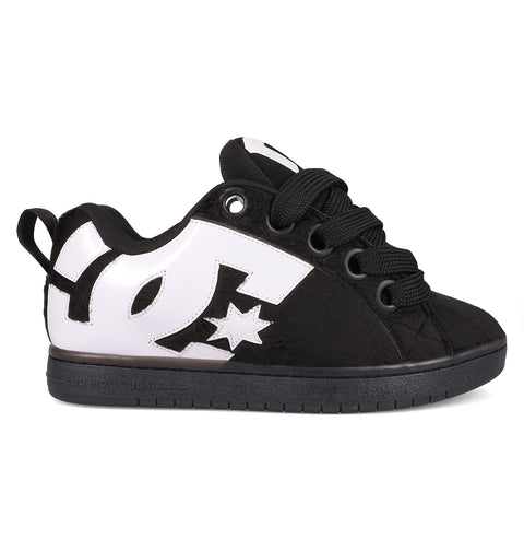 The Men's Court Graffik Puff Shoes by DC Shoes feature a puffy black and white silhouette with a bold white DC logo and star on the side, black laces, an exaggerated upper, and a black sole, shown in a side view.
