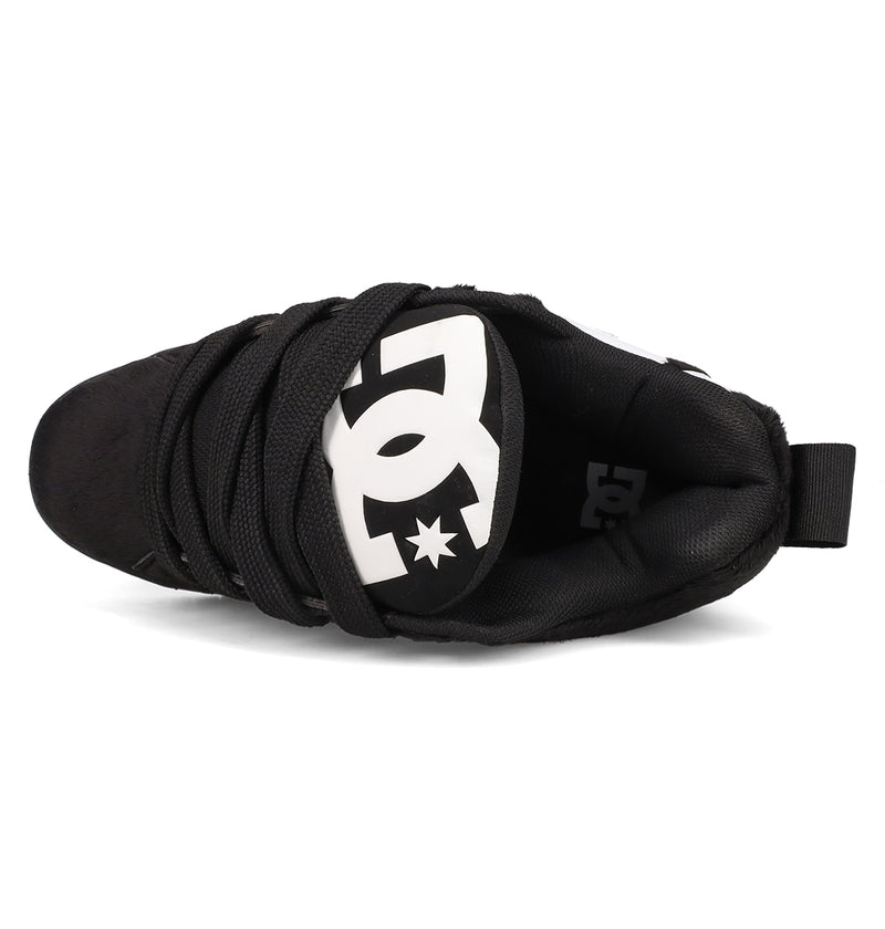 A top view of the Men's Court Graffik Puff Shoes by DC Shoes, showcasing a black puffy silhouette, thick laces, padded collar, pull tab on the heel, and a white DC Shoes logo on the tongue.