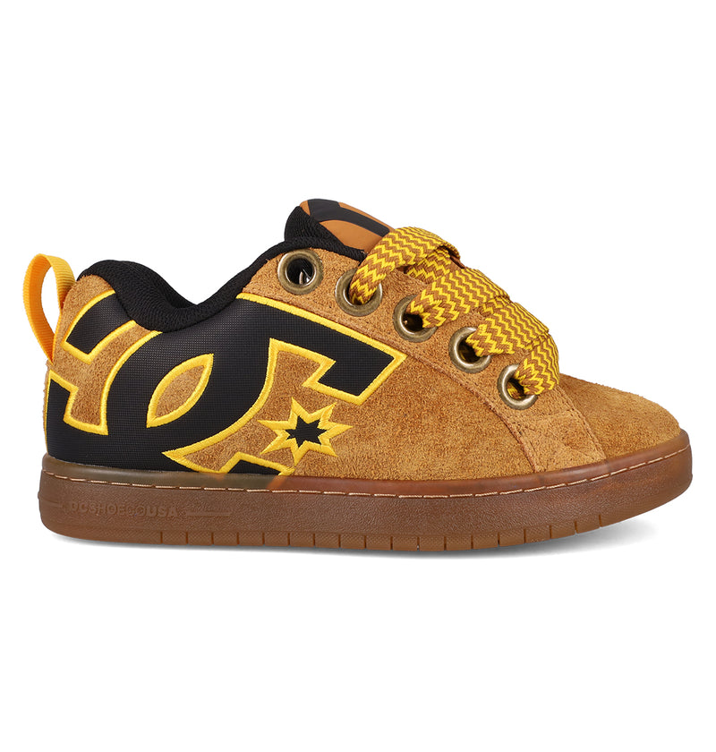 The DC Shoes Men's Court Graffik Puff Shoes feature a puffy silhouette, bold yellow accents, thick patterned laces, a large yellow logo on the side, and a gum rubber sole for standout style in fresh colorways.