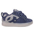 The Men's Court Graffik Shoes by DC Shoes feature a navy blue and gray puffy silhouette, thick sole, low-top profile, large DC logo with star on the side, and lace-up closure.