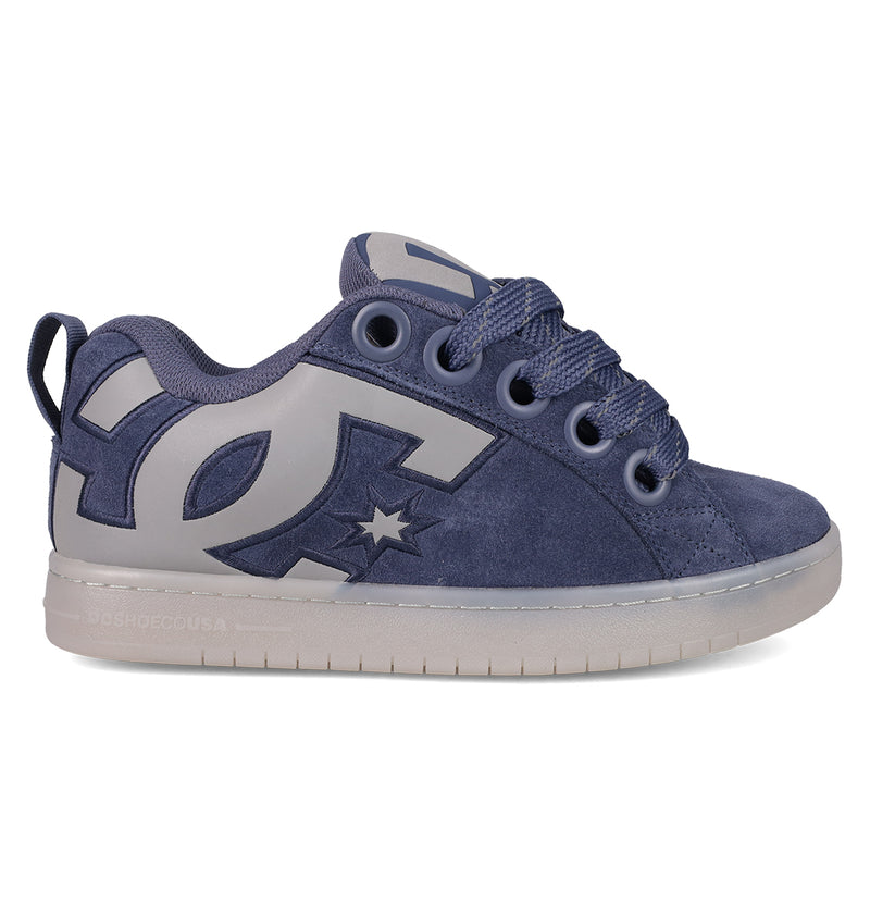 The Men's Court Graffik Shoes by DC Shoes feature a navy blue and gray puffy silhouette, thick sole, low-top profile, large DC logo with star on the side, and lace-up closure.