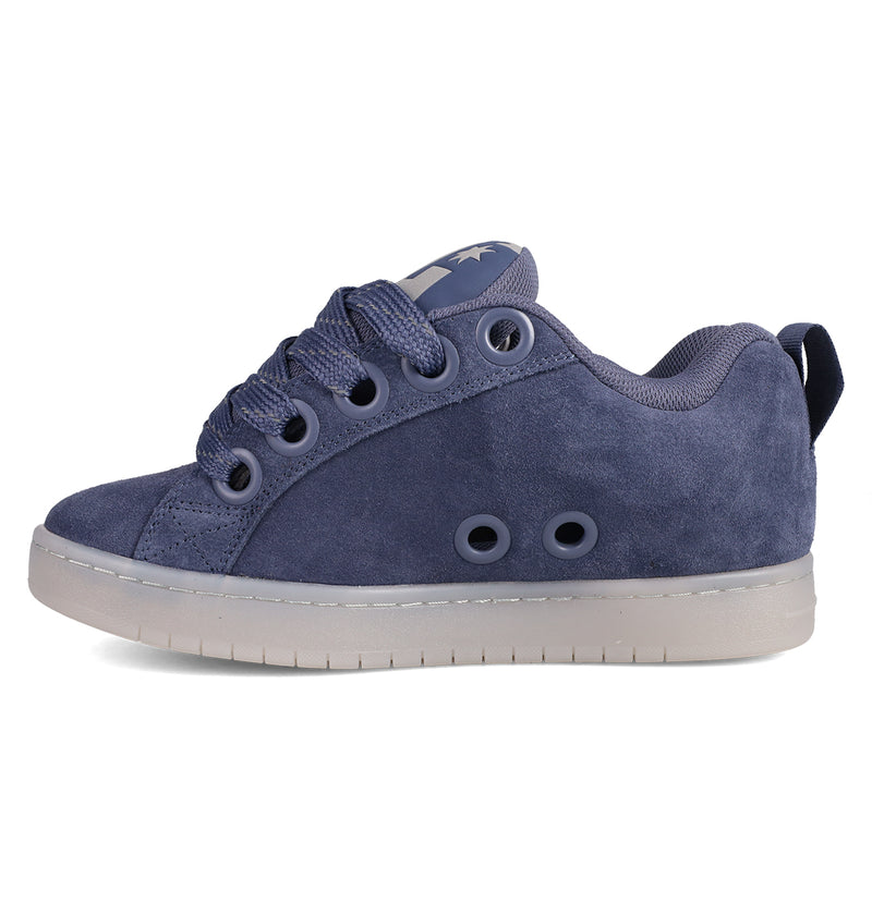 The Men's Court Graffik Shoes by DC Shoes feature a navy blue suede upper, puffy silhouette, matching laces, padded collar, two decorative side eyelets, and a light gray rubber sole in a side profile view.