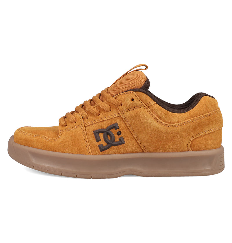 The DC Shoes Men's Lynx Zero SE features tan suede with brown accents, the DC logo on the side, and a brown rubber sole, shown from the left.