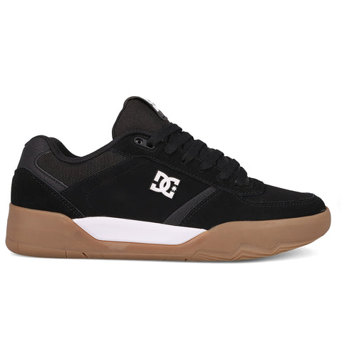 The Men's Fractal S Shoes by DC Shoes feature a black mesh and suede upper with black laces, a white logo, white midsole accents, and a gum rubber sole for comfort and street style, shown from the side on a white background.