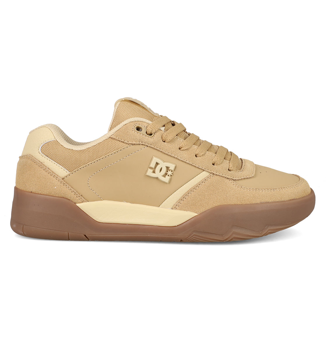 The DC Shoes Men's Fractal S features a tan and beige low-top design with a gum sole, suede and mesh accents, lace-up closure, cushioned midsole for comfort, and the DC logo on the side for signature style.