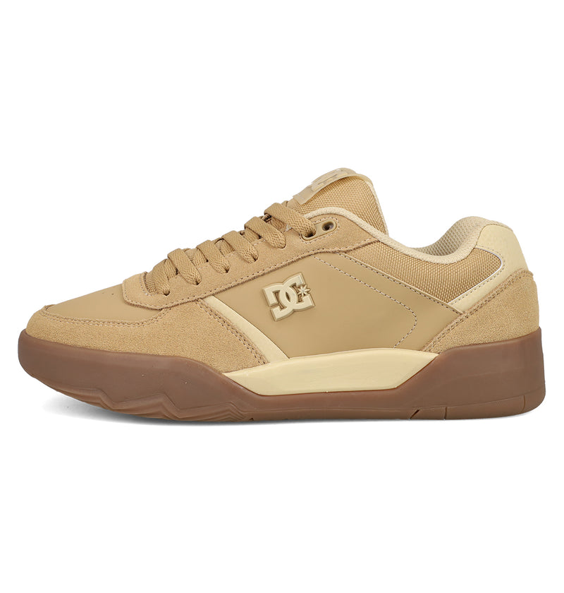 The DC Shoes Men's Fractal S features a tan and beige low-top design with suede and mesh details, tan laces, rubber sole, brown outsole, and DC logo on the side for stylish comfort and performance.