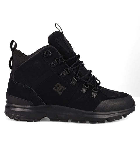 The Men's DC Tarmont Shoes by DC Shoes are black mid-top hiking boots with rugged soles, lace hooks, a heel pull tab, and side DC logo for all-weather performance and urban style, shown on a white background.
