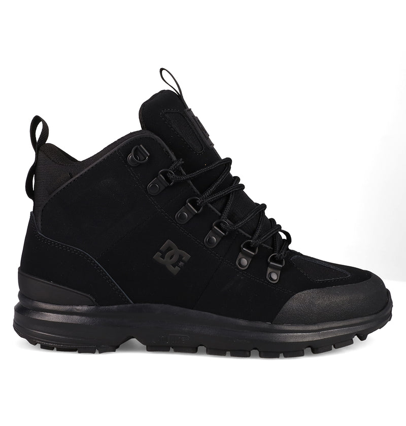 The Men's DC Tarmont Shoes by DC Shoes are black mid-top hiking boots with rugged soles, lace hooks, a heel pull tab, and side DC logo for all-weather performance and urban style, shown on a white background.