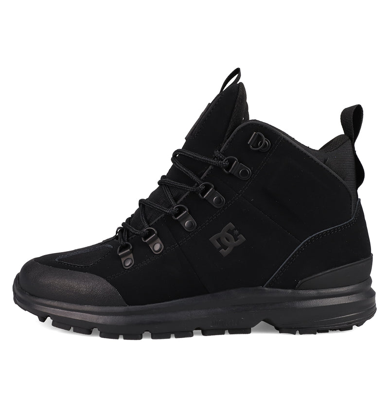 The Men's DC Tarmont Shoes by DC Shoes are black high-top hiking boots with rugged soles, lace-up fronts, and a side DC logo—built for all-weather outdoor performance on your adventures.