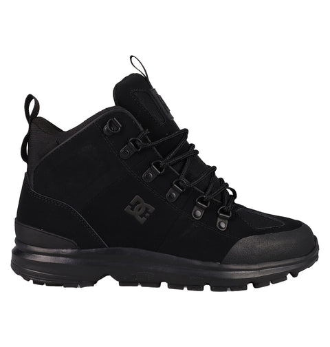 The Men’s DC Tarmont Shoes by DC Shoes are black mid-top hiking boots with metal eyelets, a chunky sole, and the signature DC logo on the side—blending street-ready style with outdoor performance and shown here from the left view.