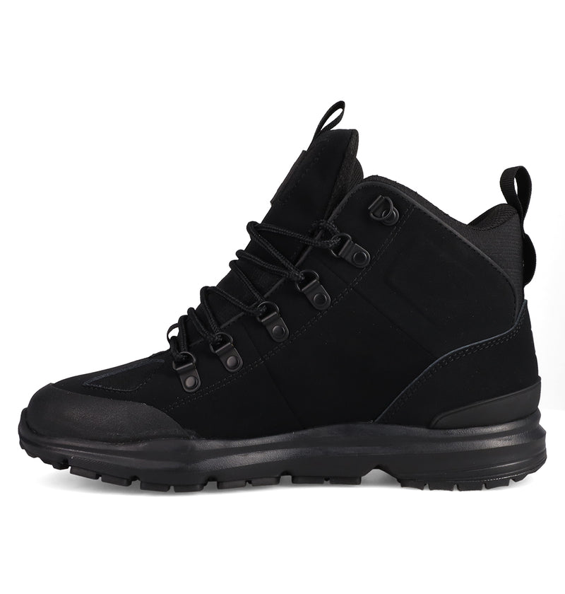 The Men's DC Tarmont Shoes by DC Shoes are black outdoor boots with a rugged sole, lace-up front, ankle support, and pull tabs on the tongue and heel for all-weather use, shown from the side on a white background.