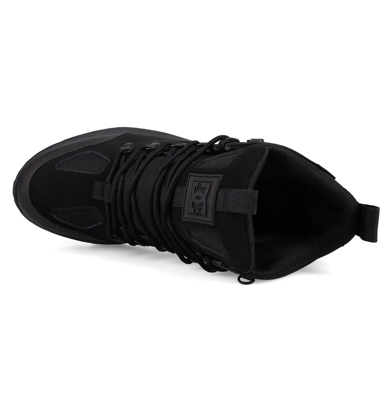 The Men's DC Tarmont Shoes by DC Shoes are black lace-up sneakers seen from above, featuring a logo patch on the tongue and padded collar for street-ready style inspired by outdoor boots.