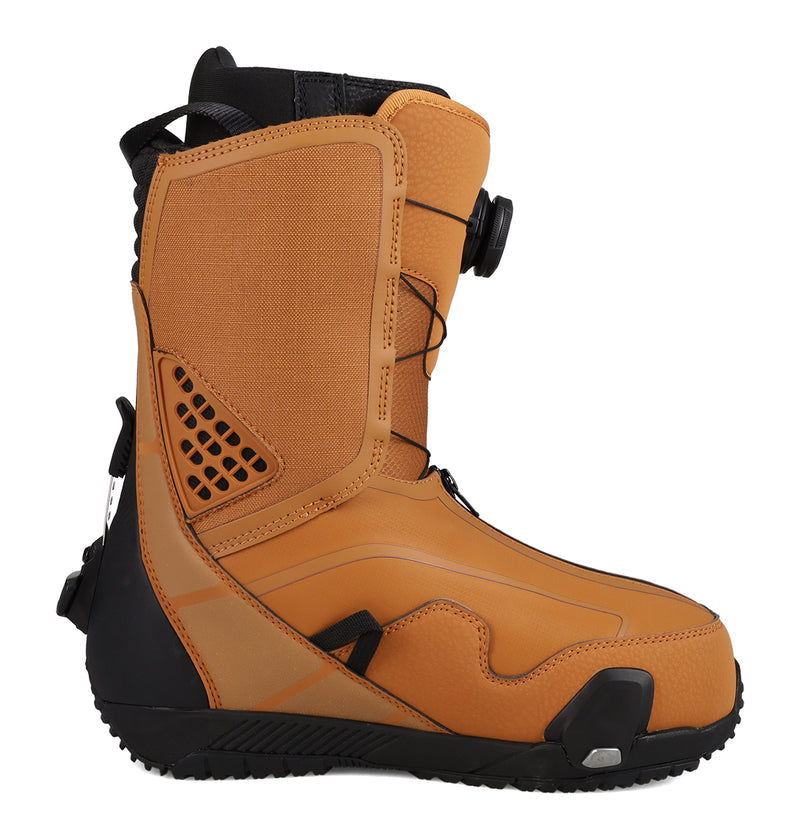 Men’s DC Quantum Step On® Snowboard Boots in tan with a side-mounted BOA Fit System dial closure and a black lugged sole.