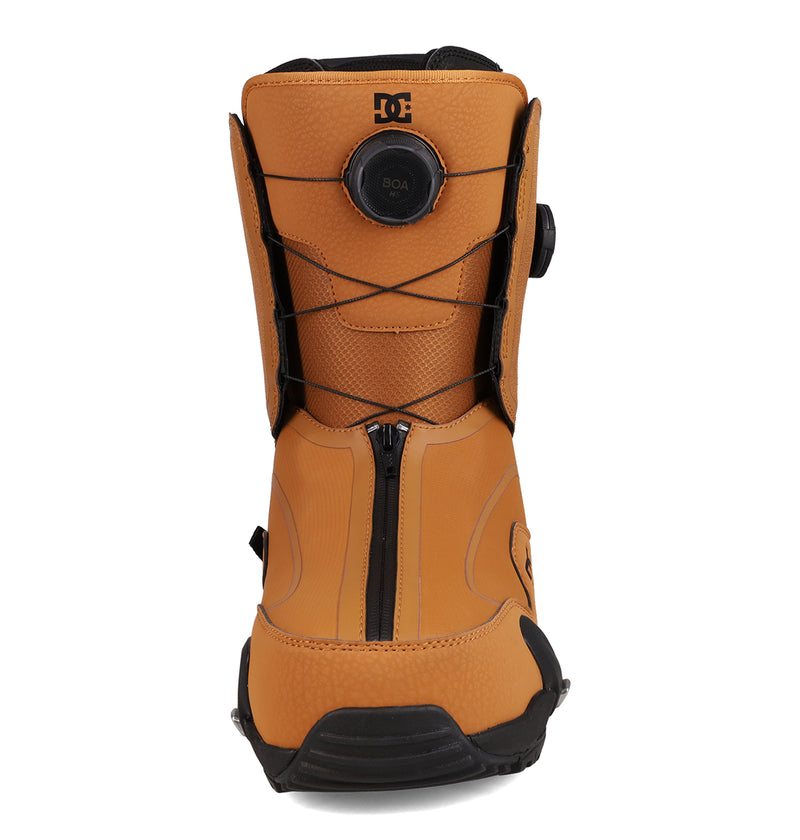 Tan Men’s DC Quantum Step On® Snowboard Boots featuring a black BOA Fit System, front zipper, and a black sole.