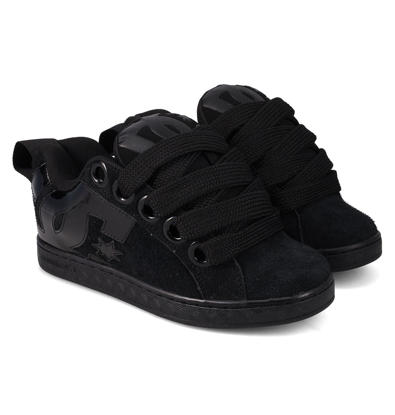 The Women's Court Graffik Puff Shoes by DC Shoes are black fashion sneakers with thick laces, black soles, and glossy side accents. Their puffy silhouette makes them bold statement shoes, shown here against a white background.