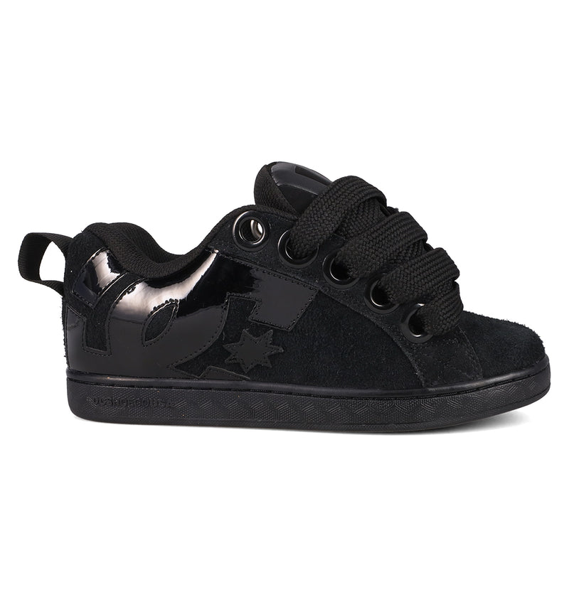 The Women's Court Graffik Puff Shoes by DC Shoes are black low-top sneakers with thick laces, a suede upper, patent leather accents, a side star logo, and a puffy silhouette—perfect for making a bold statement.
