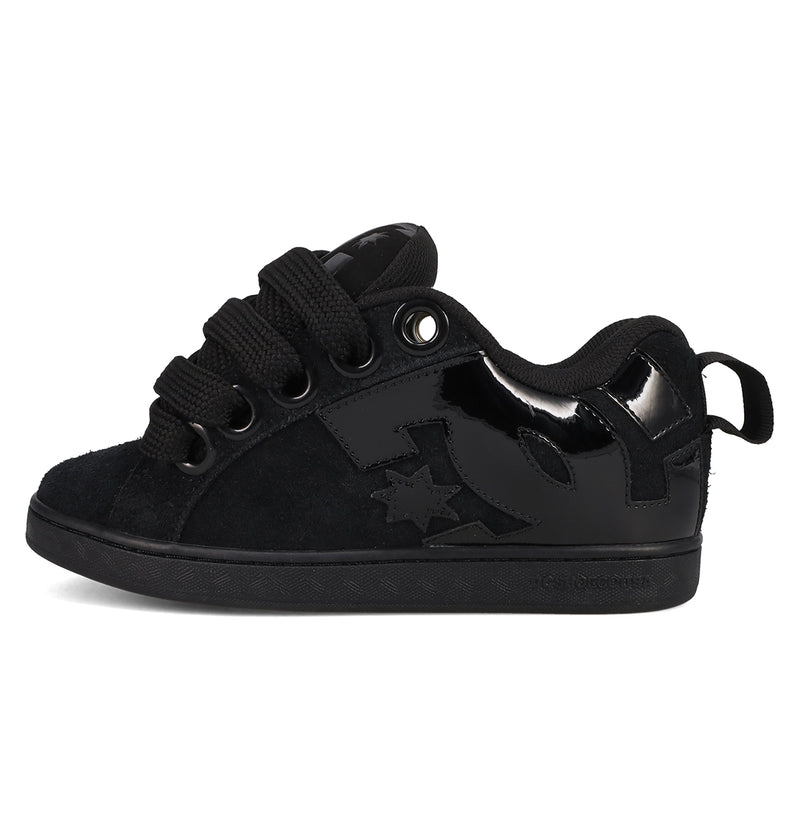 The Women's Court Graffik Puff Shoes by DC Shoes are black skate sneakers with a puffy silhouette, thick laces, suede and patent panels, plus a star and logo design on the side, shown on a white background.