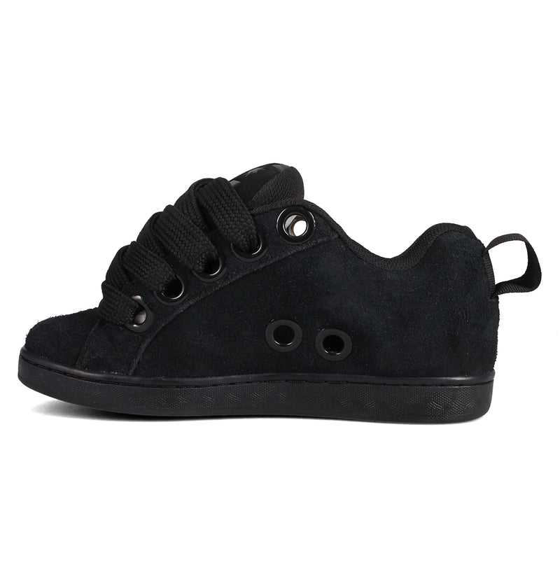 The DC Shoes Women's Court Graffik Puff features a black suede skate shoe with a puffy silhouette, thick black laces, black eyelets, a black rubber sole, and heel pull tab—shown in left side profile.