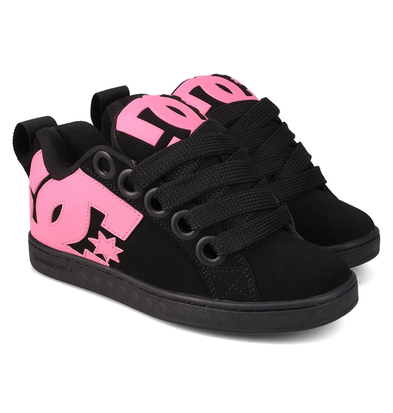 The Women's Court Graffik Puff Shoes by DC Shoes feature thick black laces, a bold pink DC logo with star on the side and heel, and a puffy silhouette—perfect statement sneakers for standout style.