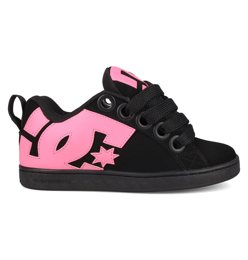The DC Shoes Women's Court Graffik Puff Shoes feature a black puffy silhouette, thick sole, large pink DC logo, pink tongue, black laces, and a pull tab—bold statement sneakers for standout style.