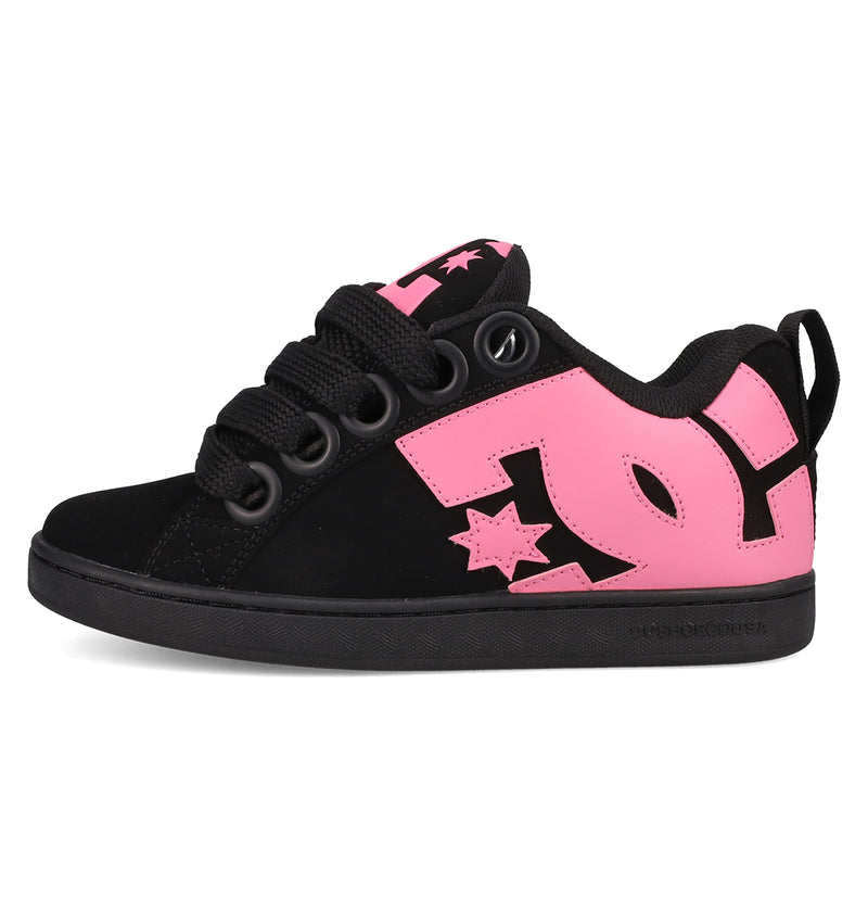 The DC Shoes Women's Court Graffik Puff Shoes feature a chunky black design with thick laces, bold pink accents, and a large pink DC logo. A puffy silhouette and heel loop add trendy flair to these statement fashion sneakers.