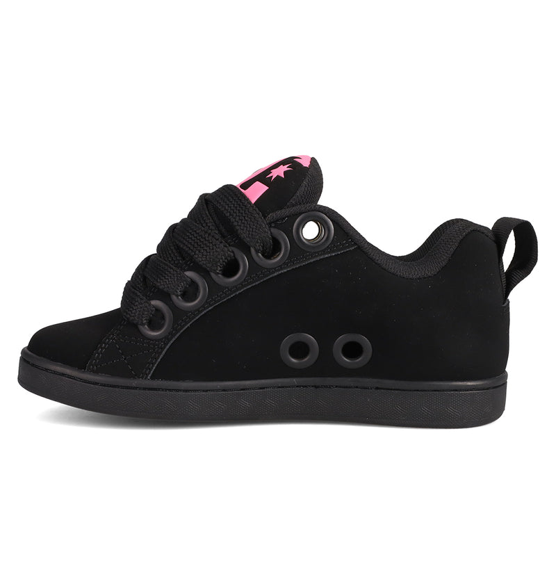 The Women's Court Graffik Puff Shoes by DC Shoes feature a puffy black skate silhouette, thick black laces, two large side eyelets, pink tongue accents, and a black rubber sole—bold fashion sneakers for standout style.
