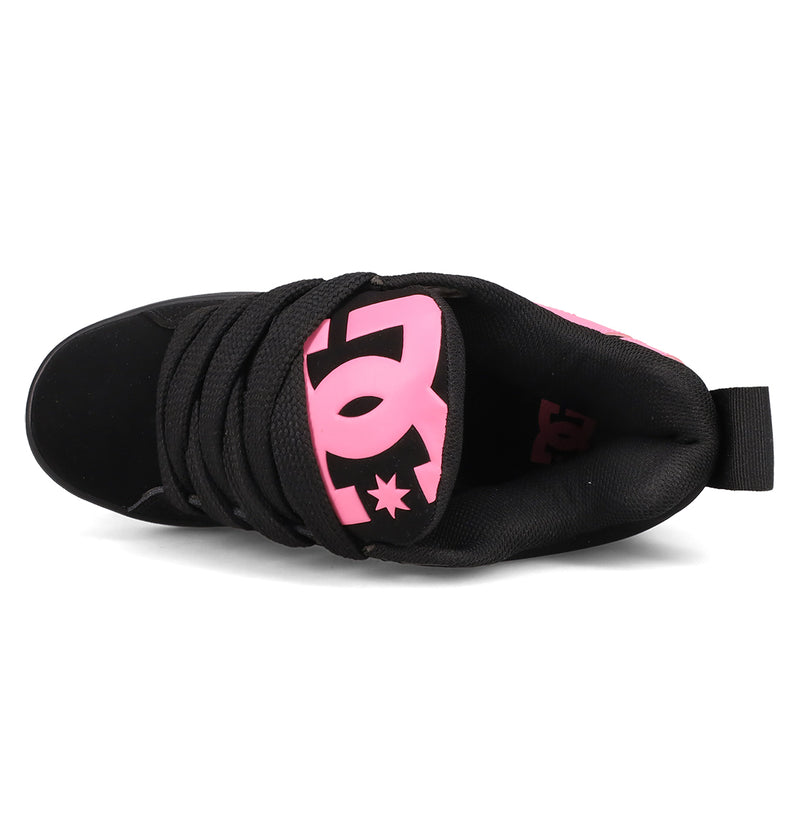 The Women's Court Graffik Puff Shoes by DC Shoes are black fashion sneakers with a puffy silhouette, thick black laces, and a bold pink DC logo on the tongue, shown from a top-down view.