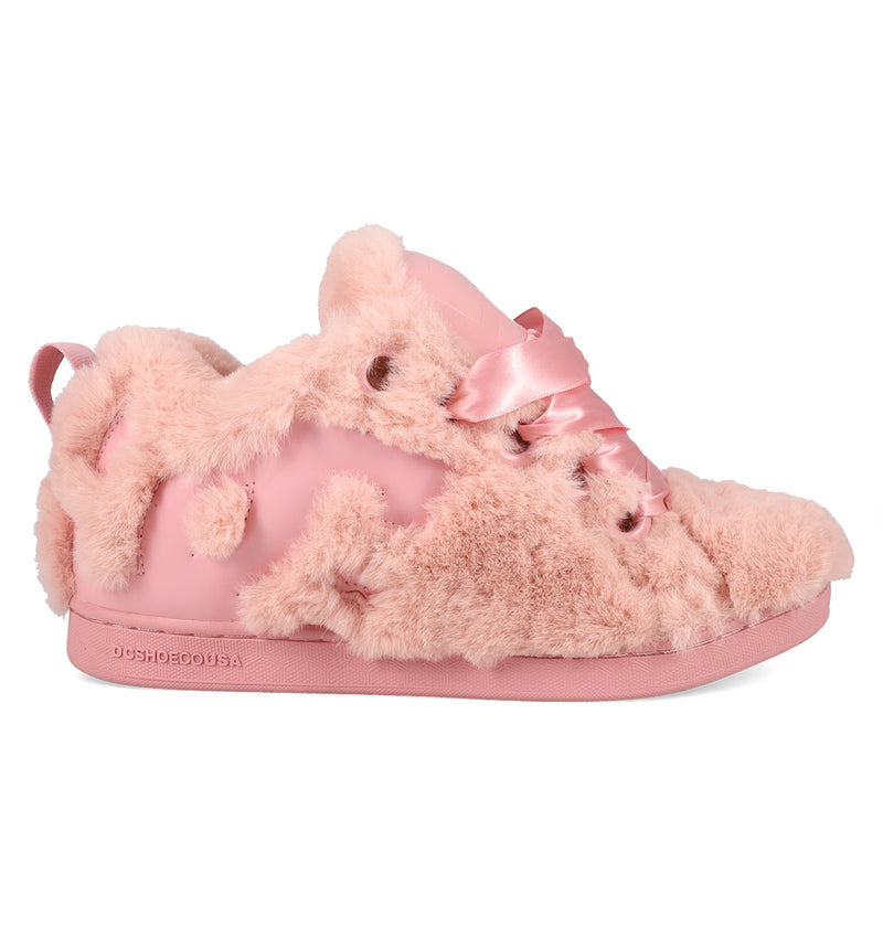 The DC Shoes Women's Court Graffik Puff Shoes feature a pink puffy silhouette with an exaggerated faux fur upper, satin ribbon laces, and a matching pink sole for a soft, plush look.