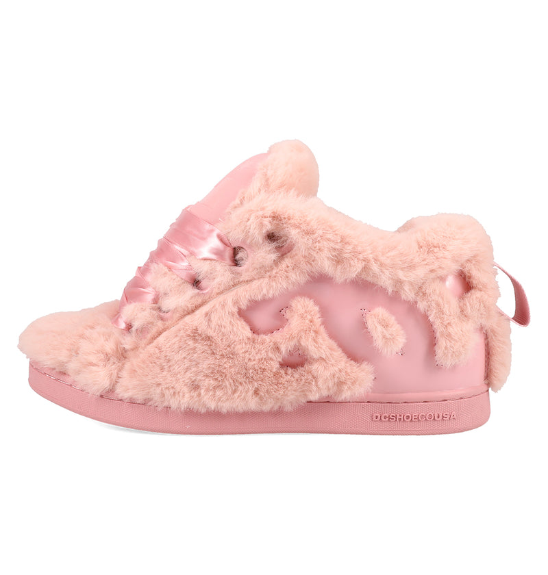 The Women's Court Graffik Puff Shoes by DC Shoes are pink sneakers with a faux fur exterior, satin-like tongue, plush puffy silhouette, exaggerated upper details, and playful irregular cutouts on the side.