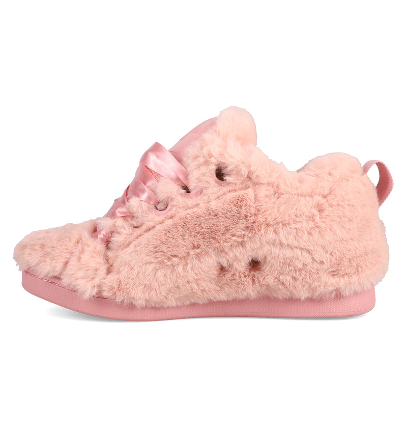 A side view of the Women's Court Graffik Puff Shoes by DC Shoes, showcasing an exaggerated upper in soft pink faux fur with matching satin ribbon laces and a coordinating pink sole.