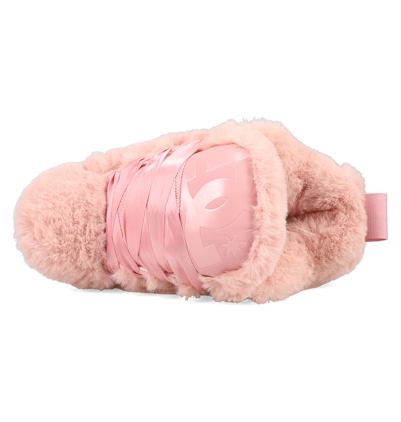 The Women's Court Graffik Puff Shoes by DC Shoes feature a puffy pink silhouette, plush inside and out, an exaggerated upper with a shiny pink ribbon design, and the DC logo on top.