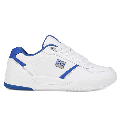 The DC Shoes Men's Fractal S Shoes are white low-top sneakers with blue accents, a blue heel, and the DC Fractal logo on the side. They feature white laces and a white sole highlighted by bold blue details for street-ready style.