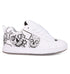 The Men’s Court Graffik Day Of The Dead sneaker by DC Shoes is a white shoe from the Day of the Dead Collection, showcasing black graphic art inspired by Día de los Muertos—with skulls, eyes, and abstract shapes on the side—plus white laces and a translucent sole.