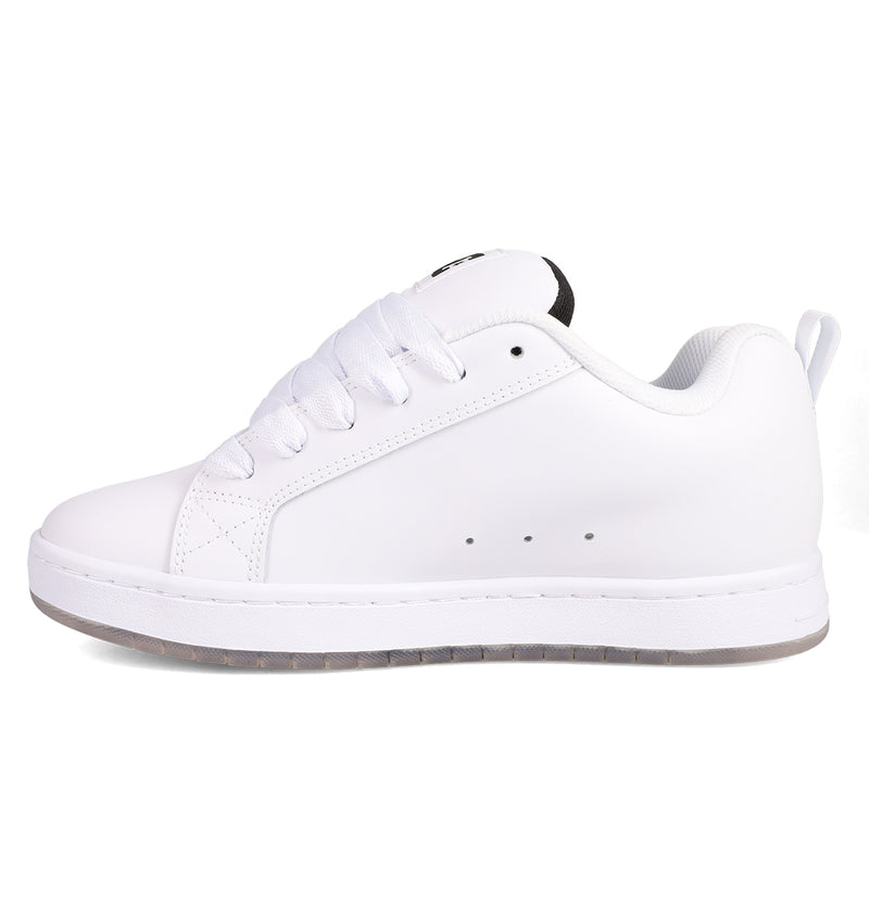 A men’s Court Graffik Day Of The Dead low-top sneaker from DC Shoes, featuring a white colorway with a thick sole, white laces, and minimal detailing. The shoe is displayed in side profile against a white background.