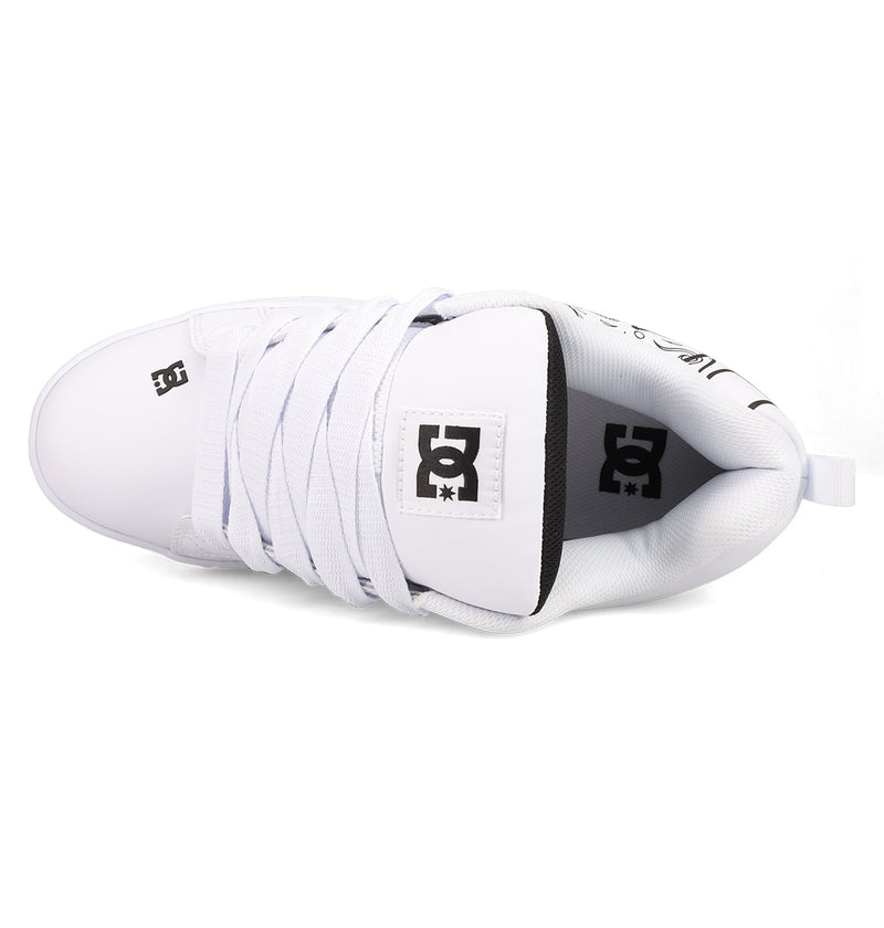 Top view of the Men’s Court Graffik Day Of The Dead sneaker from DC Shoes, featuring wide laces and prominent black DC Shoes logos on the tongue, insole, and toe area. The interior lining is white with a subtle black loop at the heel—an eye-catching nod to DC Shoes’ Día de los Muertos-inspired collection.